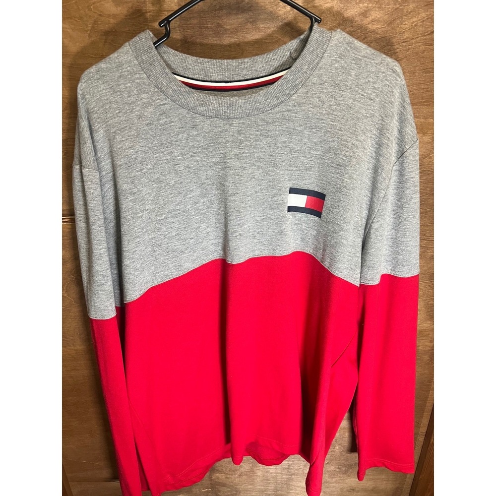 Tommy Hilfiger Mens XL Long Sleeve Sleep Shirt Colorblock Grey Red Flag Logo